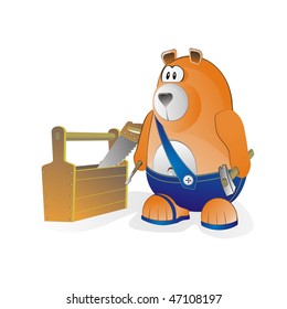 bear worker with toolbox, reconstruction and renovation,	 , isolated on white, vector illustration editable	 	 	 	 	 	