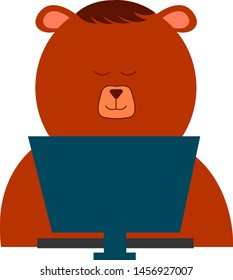 Bear working on pc, illustration, vector on white background