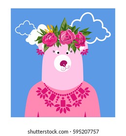Bear and wreath vector shirt print isolated.