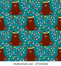 Bear with a wreath of wildflowers on field. Seamless pattern