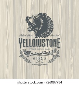 Bear, Yellowstone national Park, the emblem on wooden background, illustration, vector