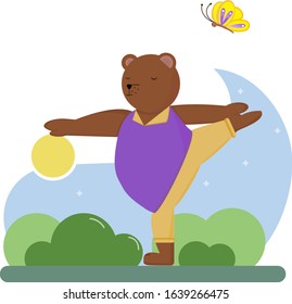 Bear yoga in the early morning outdoors. Animal yoga.Vector illustration. Flat style. Against the background of nature.