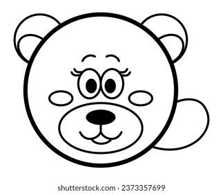 Bear - Zoo Female Animal Face Cartoon Black and White Vector Graphic Element with Cute Eyelash and Smiley Face for Forest, Mammal, Farm, and Wildlife Theme
