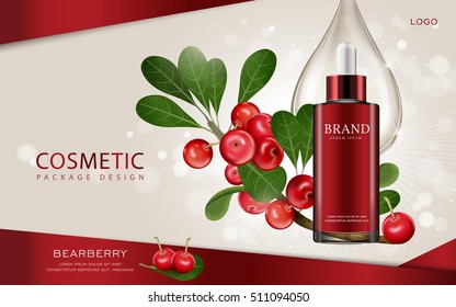 Bearberry cosmetic ads template, 3D illustration cosmetic mockup with ingredients on the background