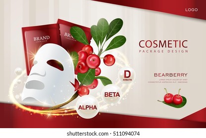 Bearberry Cosmetic Ads Template, 3D Illustration Facial Mask Mockup With Ingredients On The Background