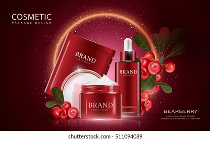 Bearberry cosmetic ads template, 3D illustration cosmetic mockup with ingredients on the dark red background