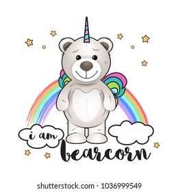 I am bearcorn. Illustration with bear like a unicorn