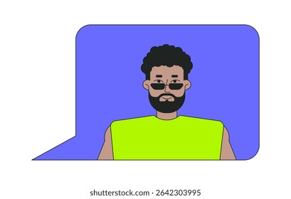 Beard black man avatar with sunglasses inside speech bubble 2D cartoon character. Internet profile. Social media. Online communication flat vector person isolated on white. Spot illustration colorful
