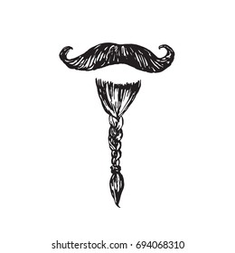 Beard braided pigtail and a fancy mustache, hand drawn doodle, sketch in woodcut style, black and white vector illustration
