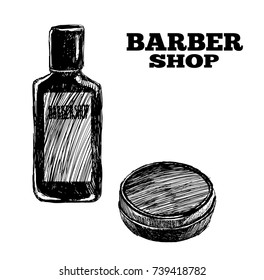 Beard care products .Vector black illustrations isolated backgrounds. Hand drawn vintage engraving for poster, label, banner, web.
