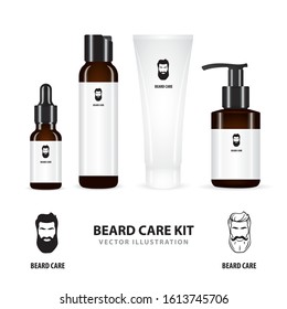 Beard care. Realistic beard care cosmetic bottles and package vector illustrations set isolated on white background. Realistic bottle, tube, dispenser and container for beard care cosmetic. 