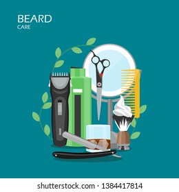 Beard care vector flat illustration. Hair shaving machine, mirror, comb, aftershave, straight razor, shaving brush with foam, scissors, shampoo. Barber supplies for beard grooming for website page etc