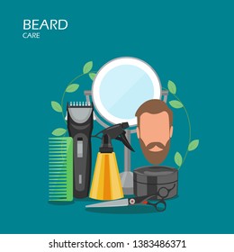 Beard care vector flat style design illustration. Comb, hair shaving machine, scissors, water spray bottle, mirror, aftershave cream. Beard grooming, trimming products for web banner website page etc.