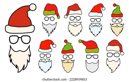 Beard with christmas hat and glasses on white background