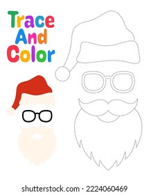 Beard with christmas hat and glasses, tracing worksheet for kids