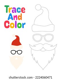 Beard with christmas hat and glasses, tracing worksheet for kids