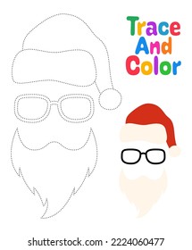 Beard with christmas hat and glasses, tracing worksheet for kids