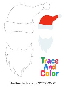 Beard with christmas hat, tracing worksheet for kids