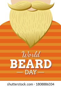 Beard Day poster design with man's blonde beard, orange clothes and text. Facial hair international celebration. - Vector