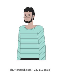 Beard eyeglasses adult man standing 2D linear cartoon character. Relaxed posing isolated line vector person white background. Middle eastern guy in casual clothes color flat spot illustration