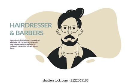 El avatar del hombre del doodle de barba con bigote y corte de pelo de moda. Plantilla de barbershop, volante de barbero o diseño de tarjeta. Ilustración vectorial plana de carácter blanco y negro. Retrato facial de hombre barbudo de moda