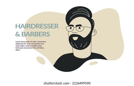 Beard face doodle man avatar with mustache and trendy haircut. Barbershop template, barber flyer or card design. Black and white character flat vector illustration. Fashion bearded man face portrait