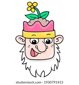 la barba se enfrentaba a la vieja cabeza de enano sonriendo con una planta encima de su cabeza. dibujo de icono de doodle, ilustración vectorial