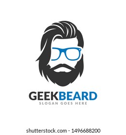Beard geek logo design template, hipster glasses mustache