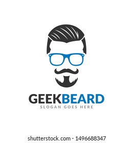 Beard geek logo design template, hipster glasses mustache