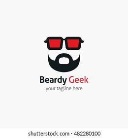Beard Geek logo design template with face in glasses. Vector illustration.