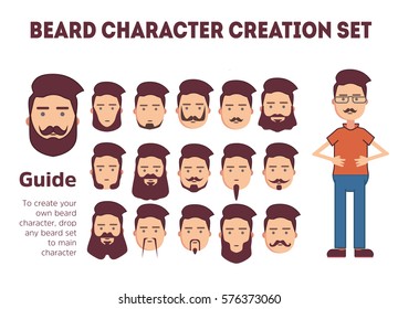 Beard guy character creation set. Isolated vector illustration 