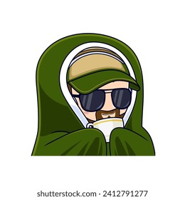Beard guy wearing blanket and cup of coffee cartoon vector illustration