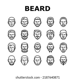 Beard Hair Style Face Male Icons Set Vector. Hipster Mustace, Head Men, Hairstyle Barber, Portrait Man, Haircut Character Retro Beard Hair Style Face Male Black Contour Illustrations