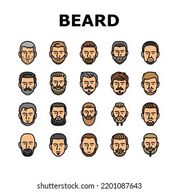 Beard Hair Style Face Male Icons Set Vector. Hipster Mustache, Head Men, Hairstyle Barber, Portrait Man, Haircut Character Retro Beard Hair Style Face Male Color Line Illustrations