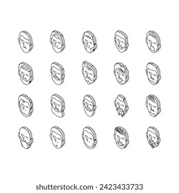 beard hair style face male isometric icons set. hipster mustace, head men, hairstyle barber, portrait man, haircut character retro beard hair style face male color line