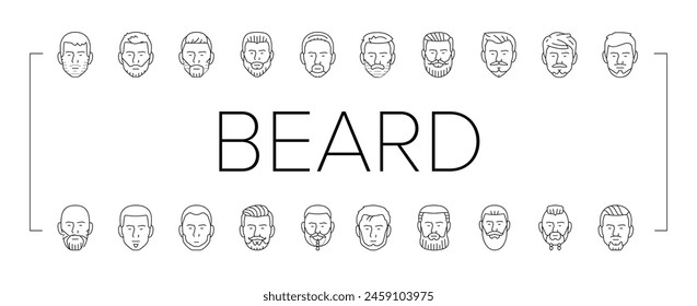 Iconos masculinos de la cara del estilo del pelo de la barba conjunto Vector. hipster mustace, cabeza de los hombres, peluquero del peinado, hombre del retrato, personaje del corte de pelo retro barba pelo de la cara masculina negro contorno ilustraciones