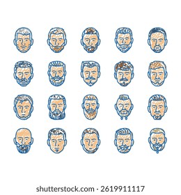 beard hair style face male doodle icons set vector. hipster mustace, head men, hairstyle barber, portrait man, haircut character retro beard hair style face male sketch hand drawn