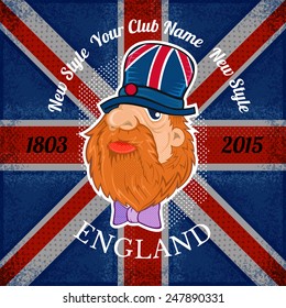 beard head of englishman in hat on british flag grunge background.print street style