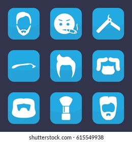 Beard icon. set of 9 filled beard icons such as man hairstyle, bllade razor, razor, shaving brush