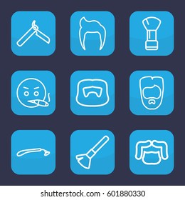 beard icon. Set of 9 outline beard icons such as man hairstyle, bllade razor, razor, shaving brush