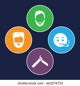 Beard icons set. set of 4 beard filled icons such as bllade razor, man hairstyle