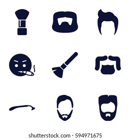 beard icons set. Set of 9 beard filled icons such as man hairstyle, razor, shaving brush