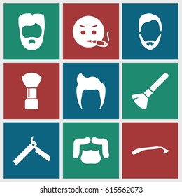 Beard icons set. set of 9 beard filled icons such as man hairstyle, bllade razor, razor, shaving brush