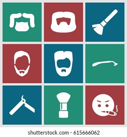 Beard icons set. set of 9 beard filled icons such as bllade razor, razor, shaving brush, man hairstyle