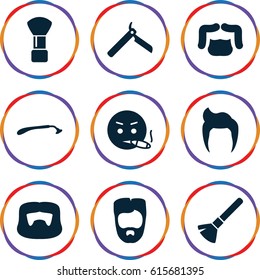 Beard icons set. set of 9 beard filled icons such as man hairstyle, bllade razor, razor, shaving brush