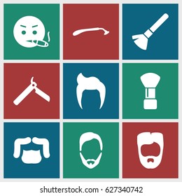 Beard icons set. set of 9 beard filled icons such as man hairstyle, bllade razor, razor, shaving brush