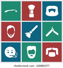 Beard icons set. set of 9 beard filled icons such as bllade razor, razor, shaving brush, man hairstyle