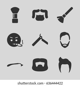 Beard icons set. set of 9 beard filled icons such as man hairstyle, bllade razor, razor, shaving brush