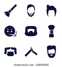 Beard icons set. set of 9 beard filled icons such as man hairstyle, bllade razor, shaving brush