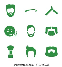 Beard icons set. set of 9 beard filled icons such as man hairstyle, bllade razor, razor, shaving brush